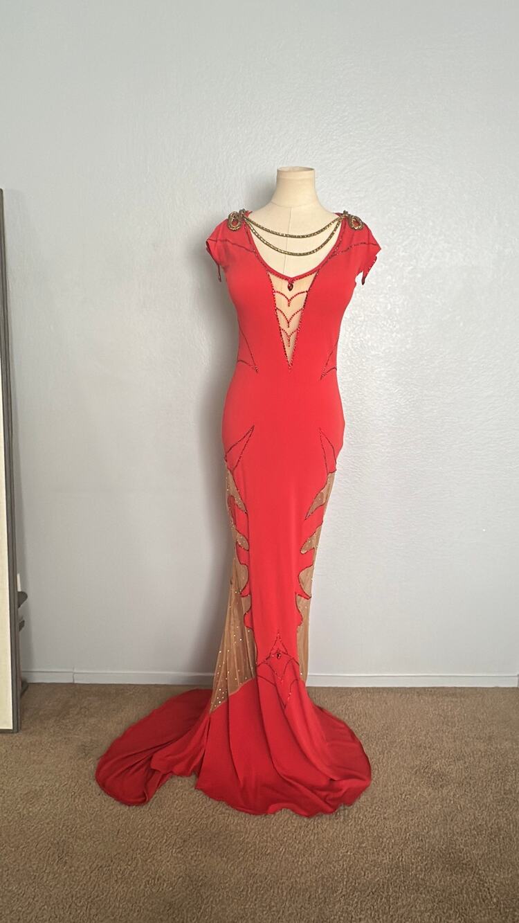 Crimson Red Flame Crystal Evening Gown Nude Illusion Gala Dress XS/S